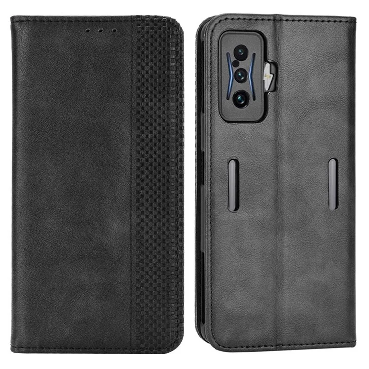 For Xiaomi Poco F4 GT/Redmi K50 Gaming Mosaic Imprinted Auto Closing Magnetic Phone Case Retro Texture Shockproof PU Leather Wallet Stand Cover - Black