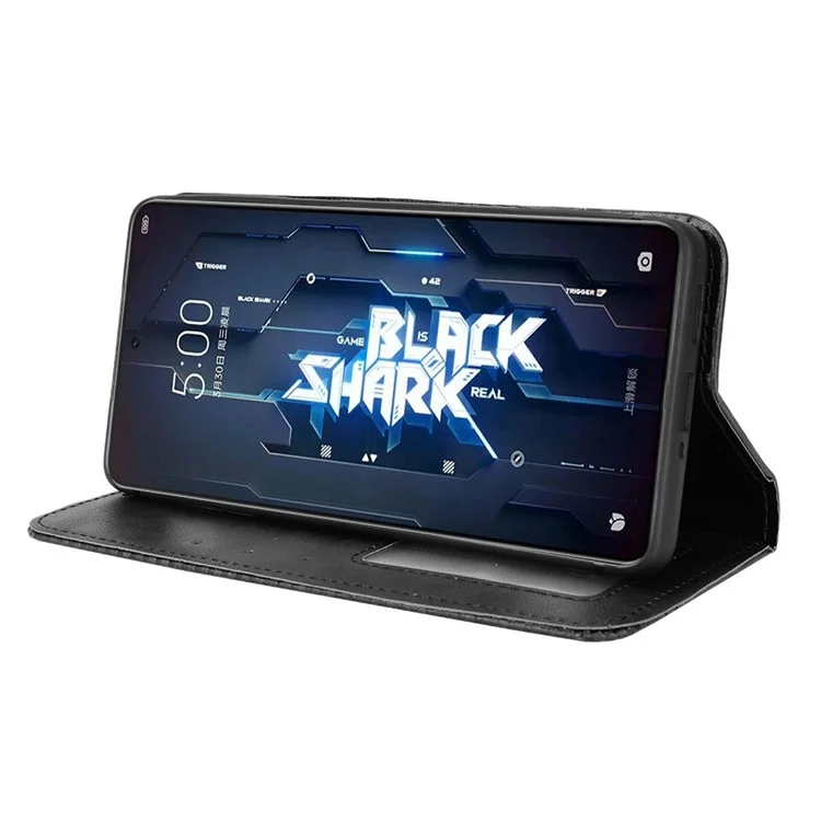 For Xiaomi Black Shark 5 RS Mosaic Imprinted Auto Closing Magnetic Fully Wrapped Phone Case Retro Texture PU Leather Wallet Stand Cover - Black