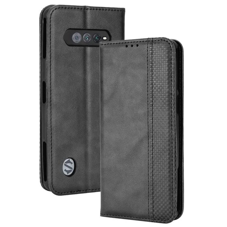 For Xiaomi Black Shark 5 RS Mosaic Imprinted Auto Closing Magnetic Fully Wrapped Phone Case Retro Texture PU Leather Wallet Stand Cover - Black