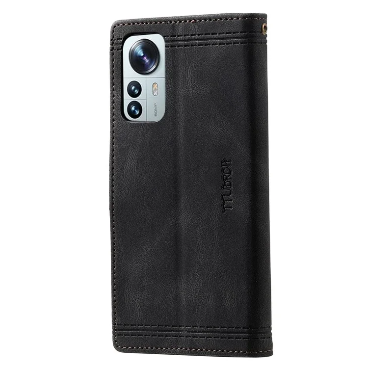 TTUDRCH 004 Splicing Leather Case for Xiaomi 12 5G/12X 5G/12S 5G, Full Coverage RFID Blocking Stand Wallet Phone Shell with Strap - Black