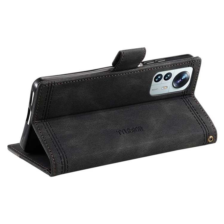 TTUDRCH 004 Splicing Leather Case for Xiaomi 12 5G/12X 5G/12S 5G, Full Coverage RFID Blocking Stand Wallet Phone Shell with Strap - Black