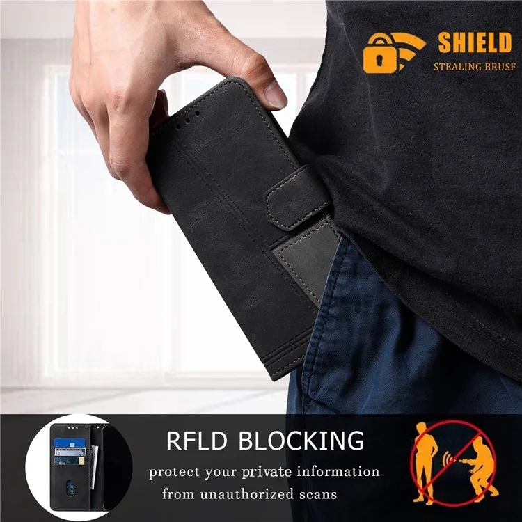 TTUDRCH 004 Splicing Leather Case for Xiaomi 12 5G/12X 5G/12S 5G, Full Coverage RFID Blocking Stand Wallet Phone Shell with Strap - Black