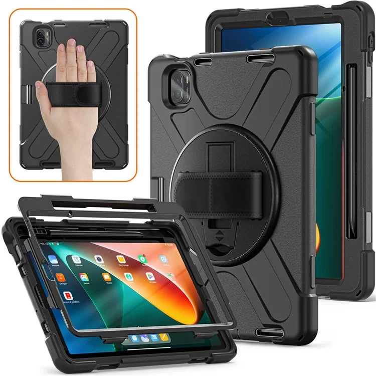 Para Xiaomi Pad 5/Pad 5 Pro 11" Capa de Tablet com Suporte Rotativo de 360°, Anti-queda e Resistente a Choques, PC + Silicone - Preta