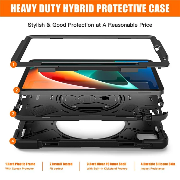 Para Xiaomi Pad 5/Pad 5 Pro 11" Capa de Tablet com Suporte Rotativo de 360°, Anti-queda e Resistente a Choques, PC + Silicone - Preta