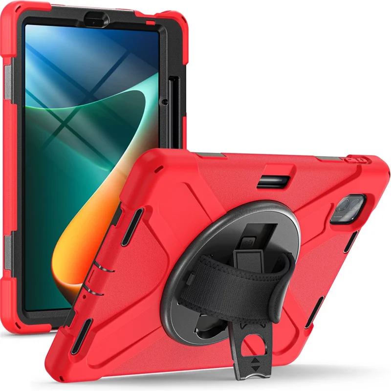 For Xiaomi Pad 5/Pad 5 Pro 11" 360 Rotation Pull Kickstand Anti-drop Shockproof PC + Silicone Tablet Cover Case with Hand Band - Red