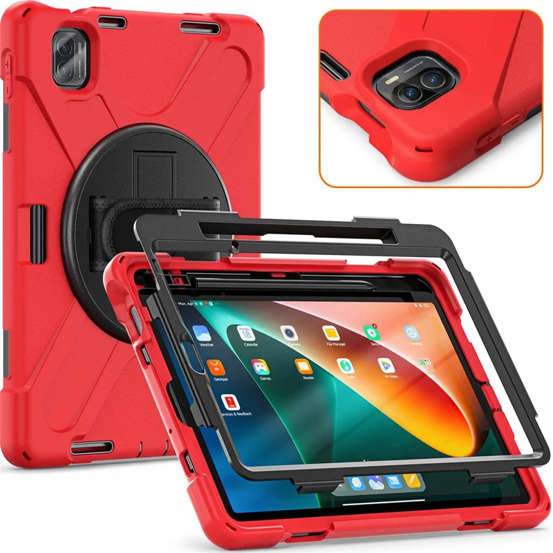 For Xiaomi Pad 5/Pad 5 Pro 11" 360 Rotation Pull Kickstand Anti-drop Shockproof PC + Silicone Tablet Cover Case with Hand Band - Red