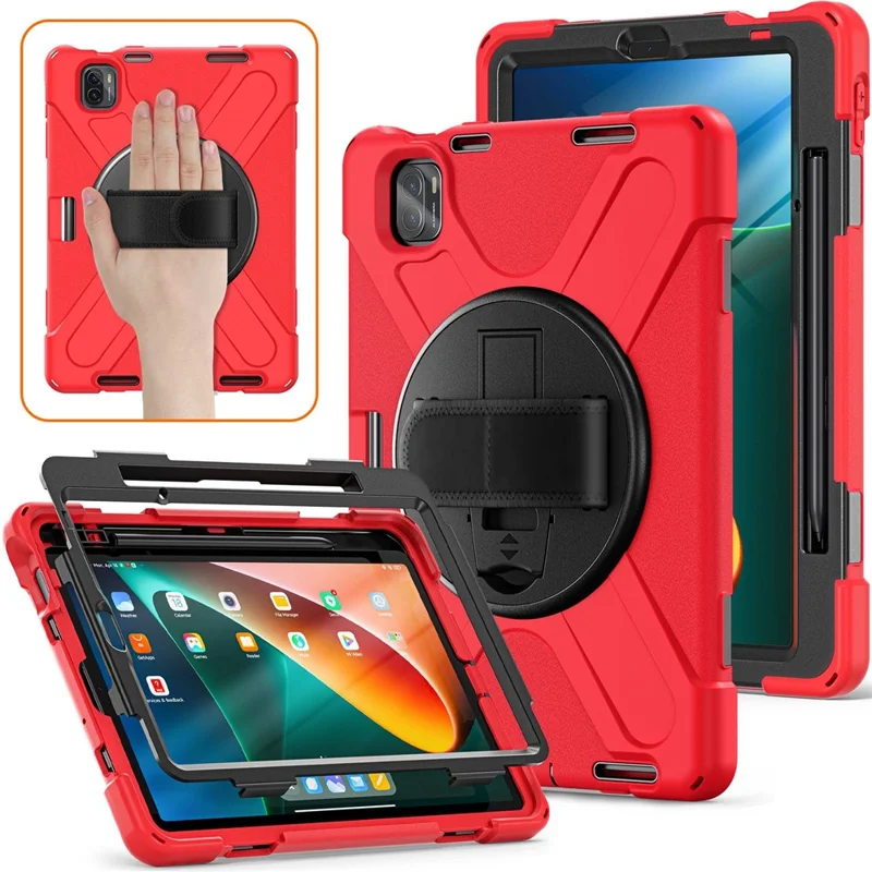 For Xiaomi Pad 5/Pad 5 Pro 11" 360 Rotation Pull Kickstand Anti-drop Shockproof PC + Silicone Tablet Cover Case with Hand Band - Red