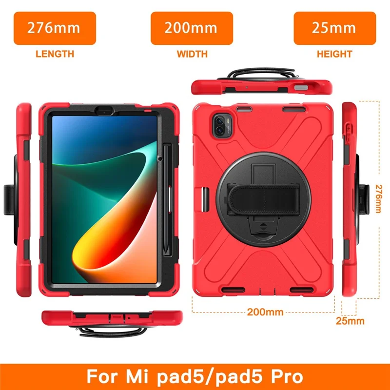 For Xiaomi Pad 5/Pad 5 Pro 11" 360 Rotation Pull Kickstand Anti-drop Shockproof PC + Silicone Tablet Cover Case with Hand Band - Red