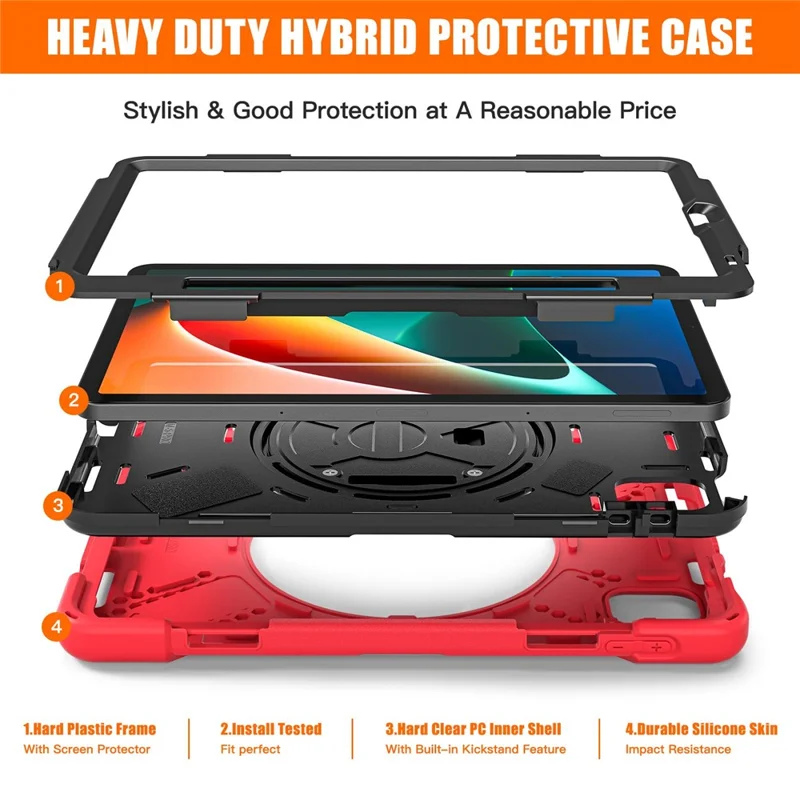 For Xiaomi Pad 5/Pad 5 Pro 11" 360 Rotation Pull Kickstand Anti-drop Shockproof PC + Silicone Tablet Cover Case with Hand Band - Red