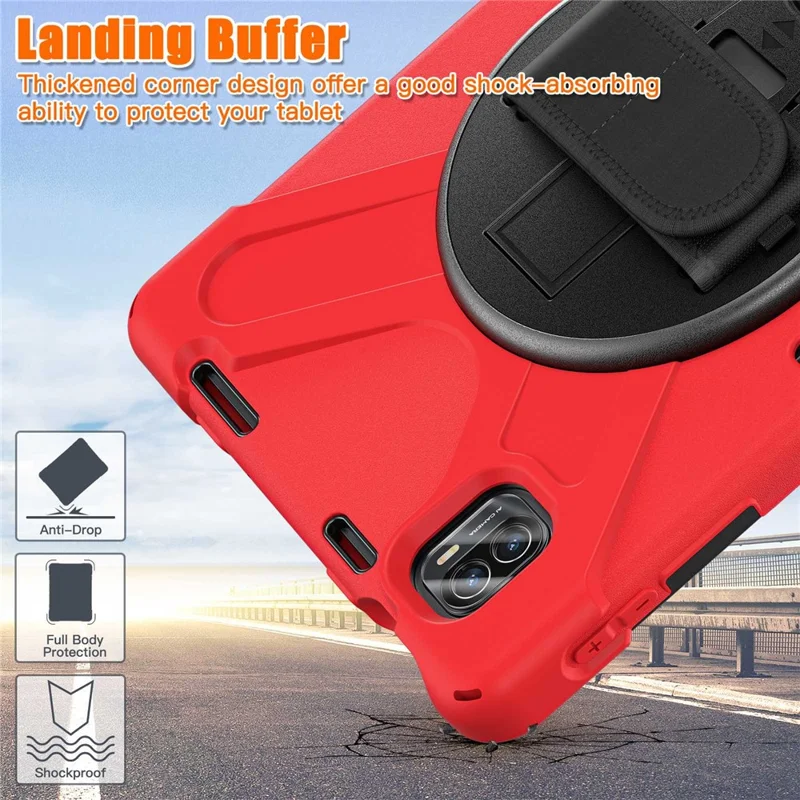 For Xiaomi Pad 5/Pad 5 Pro 11" 360 Rotation Pull Kickstand Anti-drop Shockproof PC + Silicone Tablet Cover Case with Hand Band - Red
