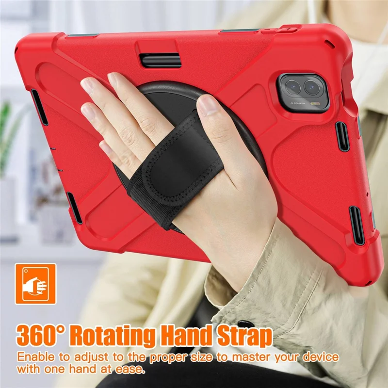 For Xiaomi Pad 5/Pad 5 Pro 11" 360 Rotation Pull Kickstand Anti-drop Shockproof PC + Silicone Tablet Cover Case with Hand Band - Red