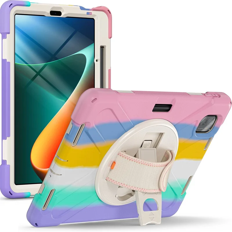For Xiaomi Pad 5/Pad 5 Pro 11" 360 Rotation Pull Kickstand Anti-drop Shockproof PC + Silicone Tablet Cover Case with Hand Band - Colorful Pink
