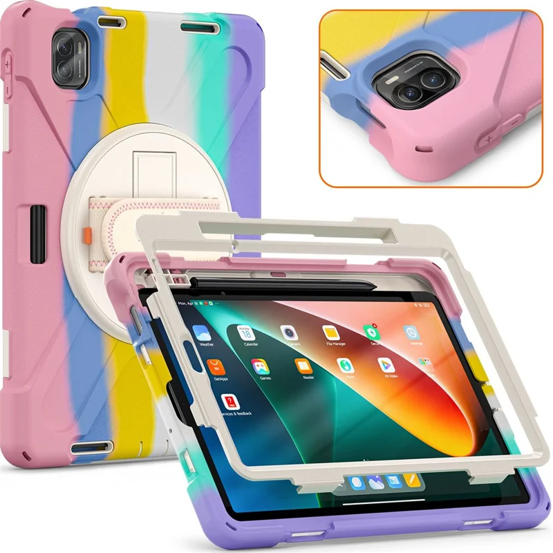 For Xiaomi Pad 5/Pad 5 Pro 11" 360 Rotation Pull Kickstand Anti-drop Shockproof PC + Silicone Tablet Cover Case with Hand Band - Colorful Pink