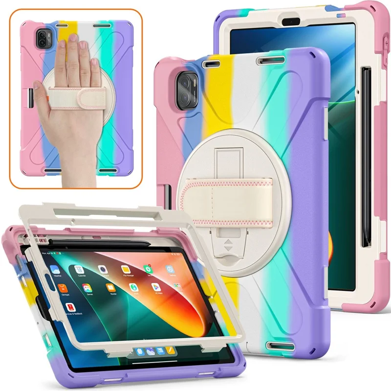 For Xiaomi Pad 5/Pad 5 Pro 11" 360 Rotation Pull Kickstand Anti-drop Shockproof PC + Silicone Tablet Cover Case with Hand Band - Colorful Pink