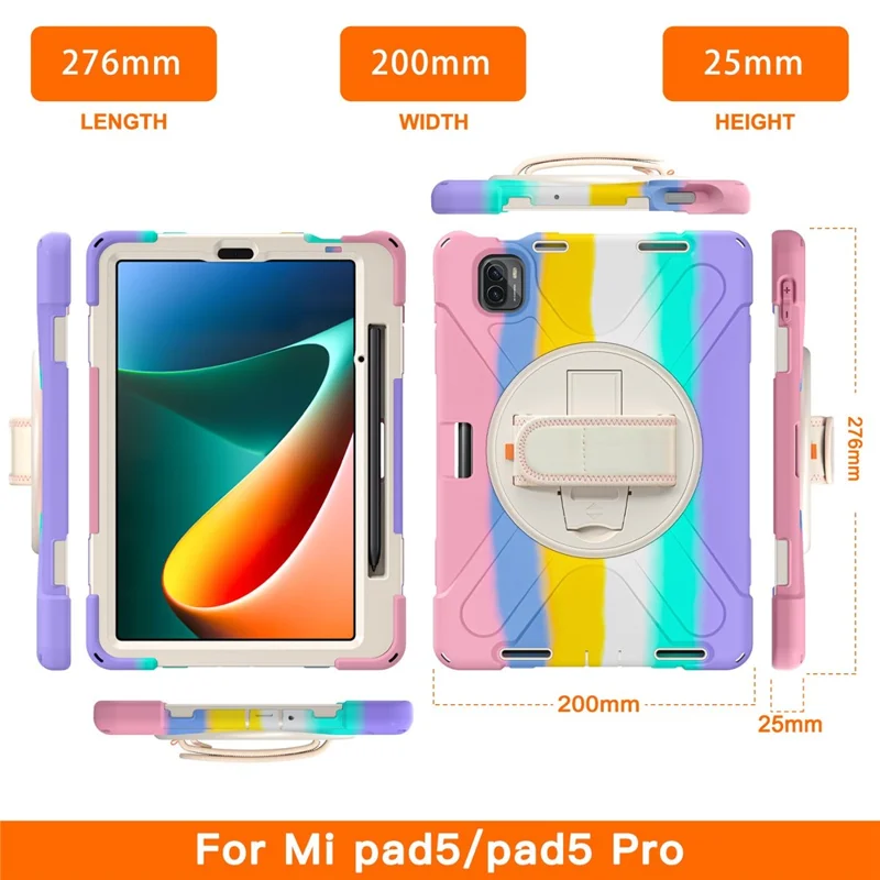 For Xiaomi Pad 5/Pad 5 Pro 11" 360 Rotation Pull Kickstand Anti-drop Shockproof PC + Silicone Tablet Cover Case with Hand Band - Colorful Pink
