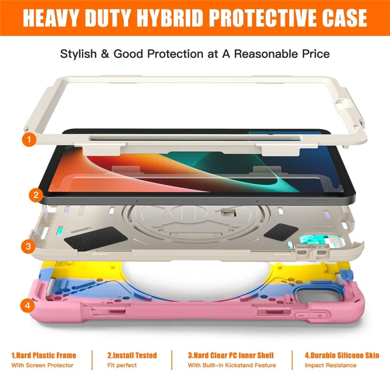 For Xiaomi Pad 5/Pad 5 Pro 11" 360 Rotation Pull Kickstand Anti-drop Shockproof PC + Silicone Tablet Cover Case with Hand Band - Colorful Pink