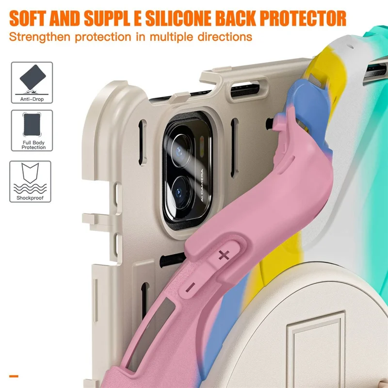 For Xiaomi Pad 5/Pad 5 Pro 11" 360 Rotation Pull Kickstand Anti-drop Shockproof PC + Silicone Tablet Cover Case with Hand Band - Colorful Pink