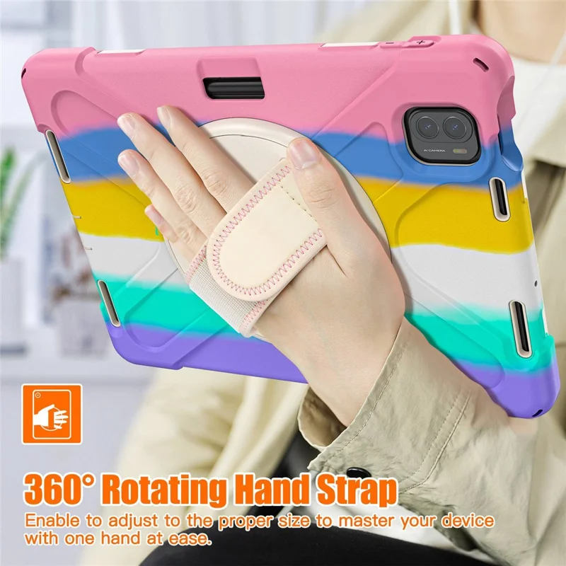 For Xiaomi Pad 5/Pad 5 Pro 11" 360 Rotation Pull Kickstand Anti-drop Shockproof PC + Silicone Tablet Cover Case with Hand Band - Colorful Pink