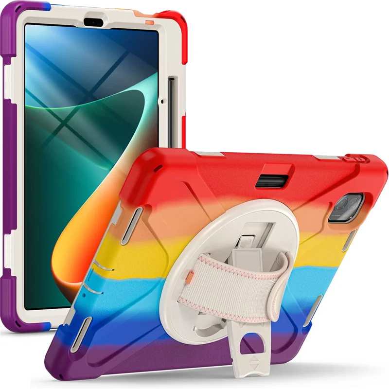 For Xiaomi Pad 5/Pad 5 Pro 11" 360 Rotation Pull Kickstand Anti-drop Shockproof PC + Silicone Tablet Cover Case with Hand Band - Colorful Red