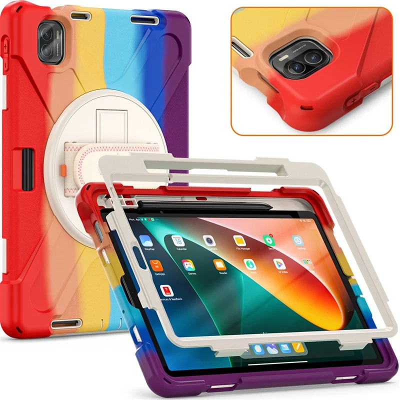 For Xiaomi Pad 5/Pad 5 Pro 11" 360 Rotation Pull Kickstand Anti-drop Shockproof PC + Silicone Tablet Cover Case with Hand Band - Colorful Red