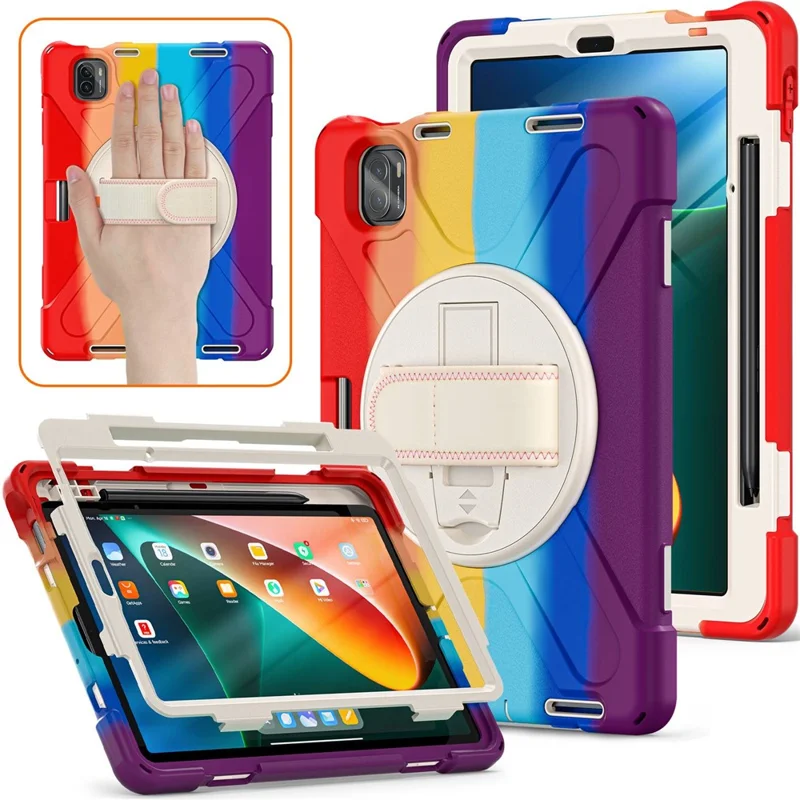 For Xiaomi Pad 5/Pad 5 Pro 11" 360 Rotation Pull Kickstand Anti-drop Shockproof PC + Silicone Tablet Cover Case with Hand Band - Colorful Red