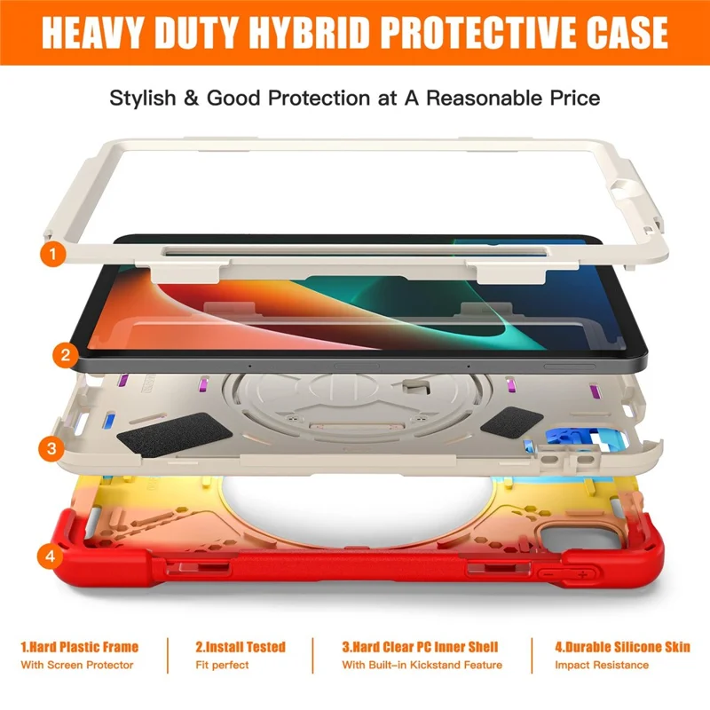 For Xiaomi Pad 5/Pad 5 Pro 11" 360 Rotation Pull Kickstand Anti-drop Shockproof PC + Silicone Tablet Cover Case with Hand Band - Colorful Red
