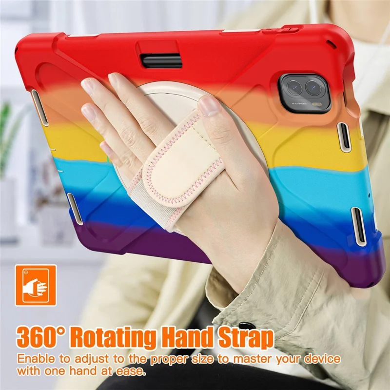 For Xiaomi Pad 5/Pad 5 Pro 11" 360 Rotation Pull Kickstand Anti-drop Shockproof PC + Silicone Tablet Cover Case with Hand Band - Colorful Red