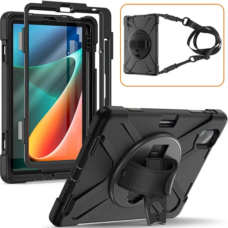 For Xiaomi Pad 5/Pad 5 Pro 11" Anti-scratch Drop-proof Rotary Kickstand PC + Silicone Tablet Case Hand Strap Protective Shell with Shoulder Strap - Black