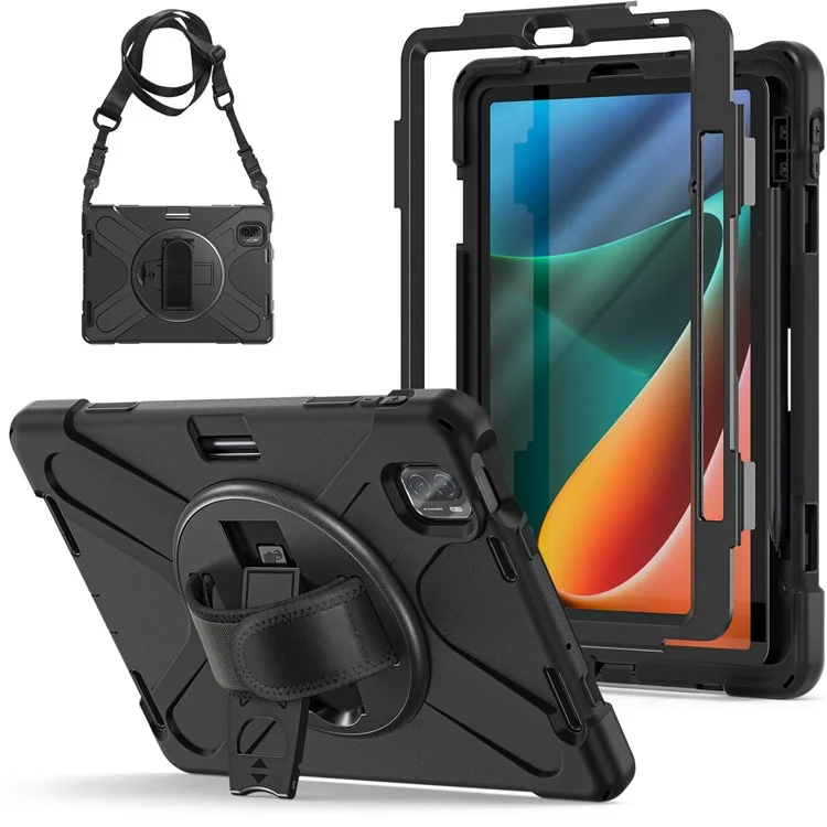 For Xiaomi Pad 5/Pad 5 Pro 11" Anti-scratch Drop-proof Rotary Kickstand PC + Silicone Tablet Case Hand Strap Protective Shell with Shoulder Strap - Black