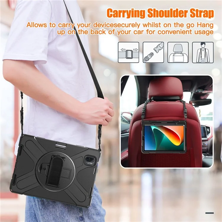 For Xiaomi Pad 5/Pad 5 Pro 11" Anti-scratch Drop-proof Rotary Kickstand PC + Silicone Tablet Case Hand Strap Protective Shell with Shoulder Strap - Black