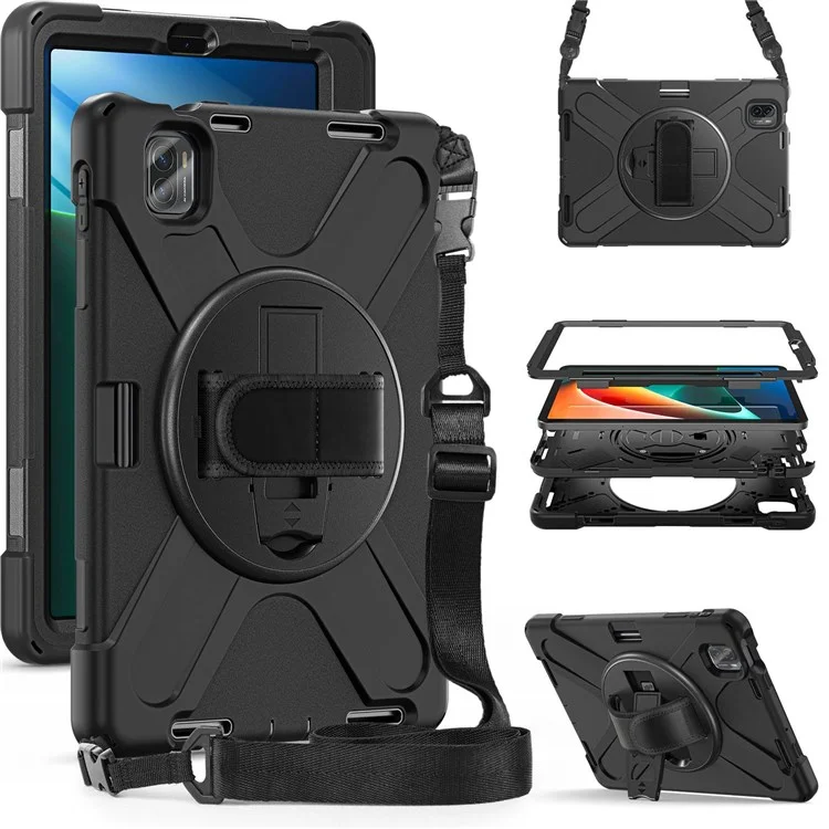 For Xiaomi Pad 5/Pad 5 Pro 11" Anti-scratch Drop-proof Rotary Kickstand PC + Silicone Tablet Case Hand Strap Protective Shell with Shoulder Strap - Black