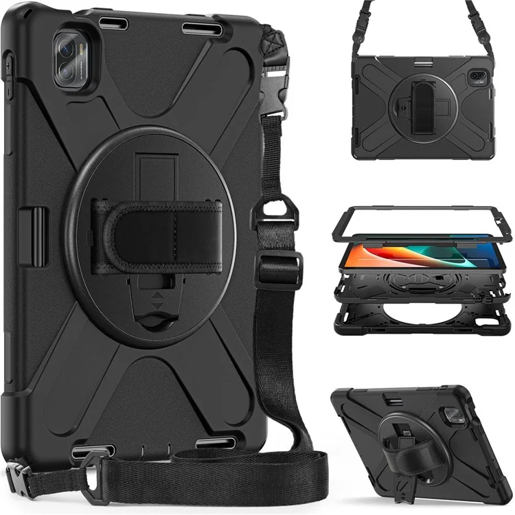 For Xiaomi Pad 5/Pad 5 Pro 11" Anti-scratch Drop-proof Rotary Kickstand PC + Silicone Tablet Case Hand Strap Protective Shell with Shoulder Strap - Black