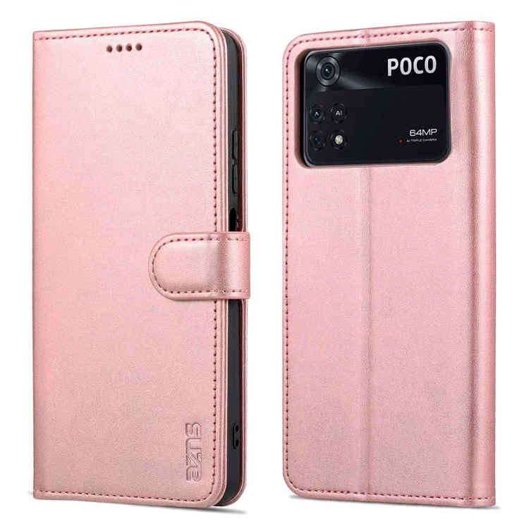 AZNS Per Xiaomi Poco M4 Pro 4G PU Paformato Coperchio di Class Magnetic - Oro Rosa