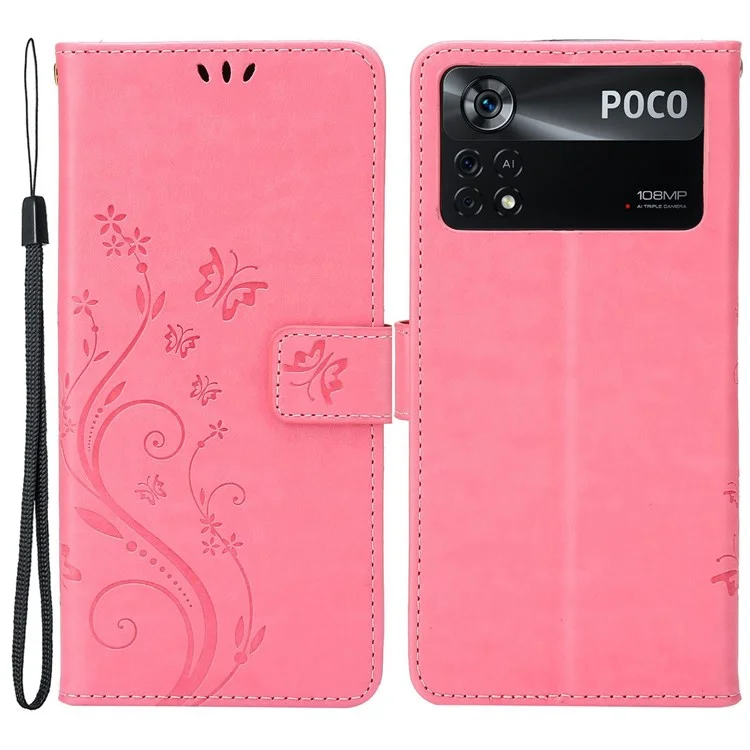 Butterfly Flower Imprinting Wallet Leather Case for Xiaomi Poco X4 Pro 5G, Magnetic Clasp Design Phone Shell Accessory with Stand - Pink
