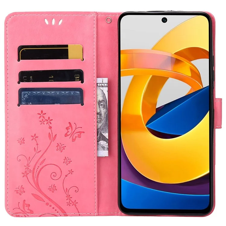 Butterfly Flower Imprinting Wallet Leather Case for Xiaomi Poco X4 Pro 5G, Magnetic Clasp Design Phone Shell Accessory with Stand - Pink