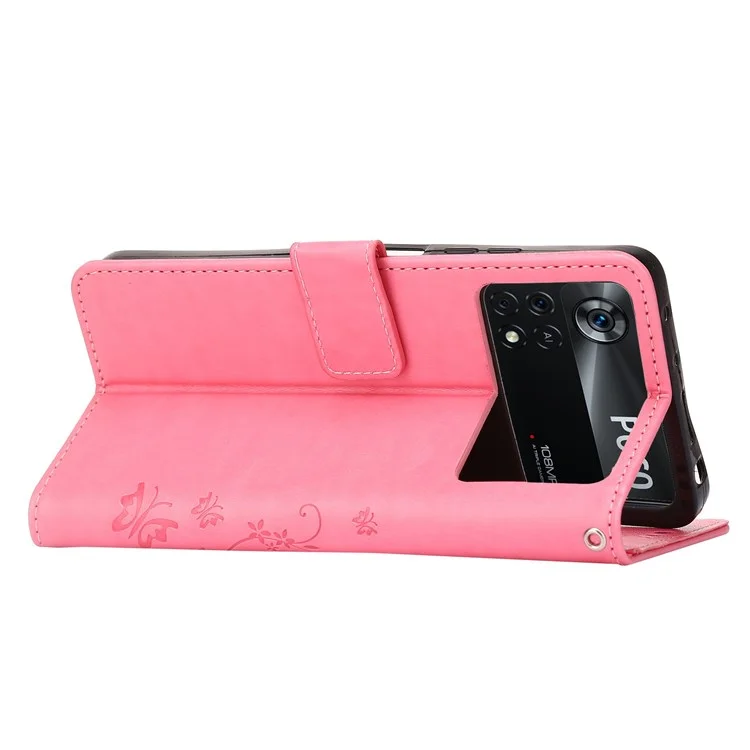 Butterfly Flower Imprinting Wallet Leather Case for Xiaomi Poco X4 Pro 5G, Magnetic Clasp Design Phone Shell Accessory with Stand - Pink