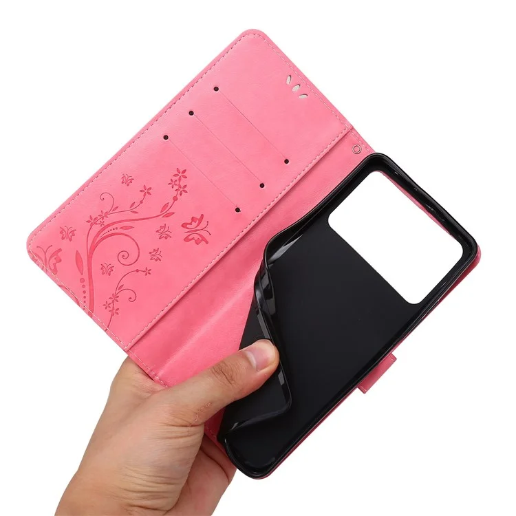 Butterfly Flower Imprinting Wallet Leather Case for Xiaomi Poco X4 Pro 5G, Magnetic Clasp Design Phone Shell Accessory with Stand - Pink