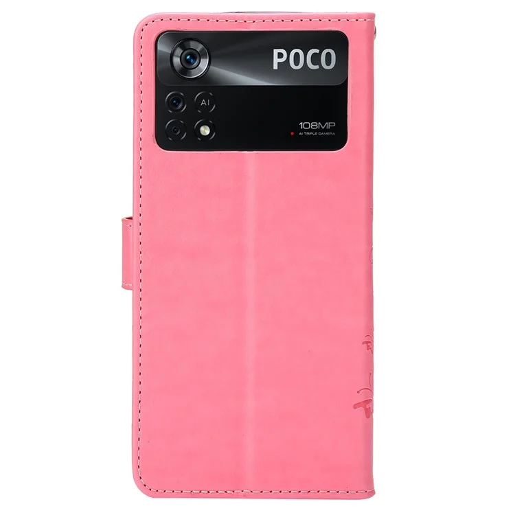 Butterfly Flower Imprinting Wallet Leather Case for Xiaomi Poco X4 Pro 5G, Magnetic Clasp Design Phone Shell Accessory with Stand - Pink