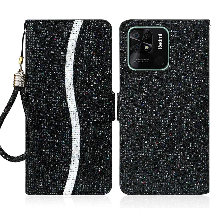 Per Xiaomi Redmi 10C Glitter PU Leather Phone Case Stand Magnetic Closure Bling Handbag Shockproof Flip Cover with Hand Strap - Black