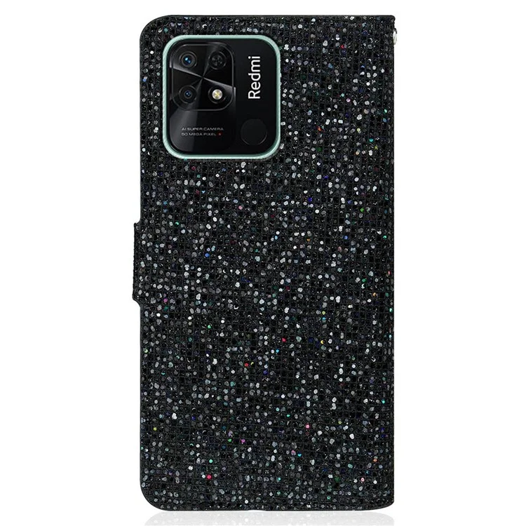 Per Xiaomi Redmi 10C Glitter PU Leather Phone Case Stand Magnetic Closure Bling Handbag Shockproof Flip Cover with Hand Strap - Black