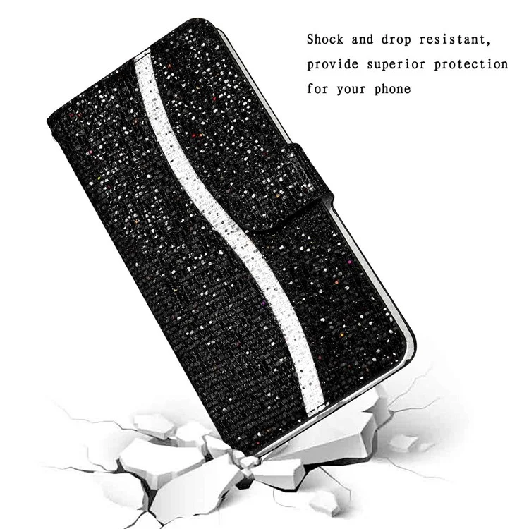 Per Xiaomi Redmi 10C Glitter PU Leather Phone Case Stand Magnetic Closure Bling Handbag Shockproof Flip Cover with Hand Strap - Black