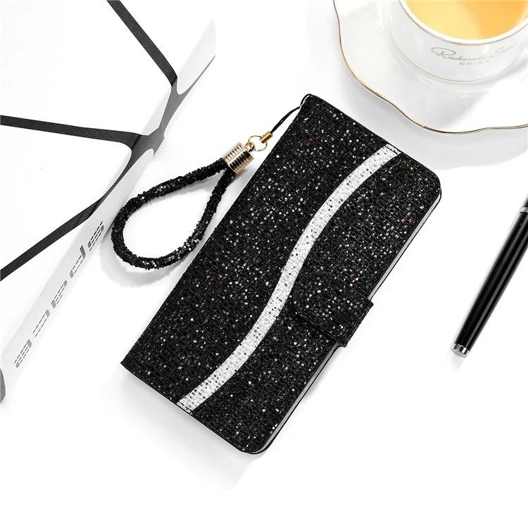 Per Xiaomi Redmi 10C Glitter PU Leather Phone Case Stand Magnetic Closure Bling Handbag Shockproof Flip Cover with Hand Strap - Black