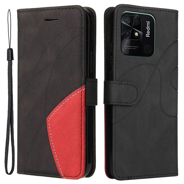 Para Xiaomi Redmi 10C Dual Color de Empalme PU Cuero de Cuero Case de Teléfono Con Correa - Negro