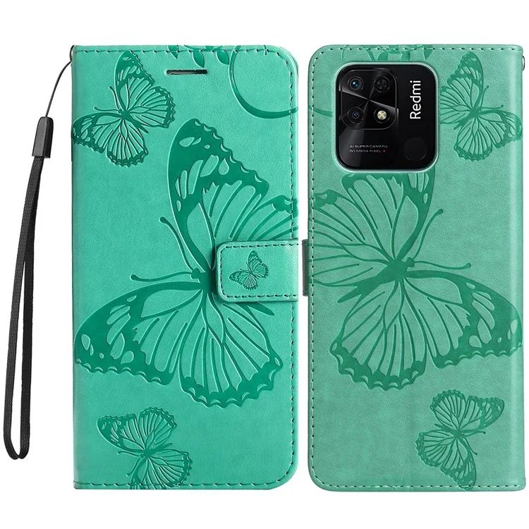 Leather Case for Xiaomi Redmi 10C 4G Butterfly Flower Imprinted Phone Cover Wallet Stand Shell with Strap - Green