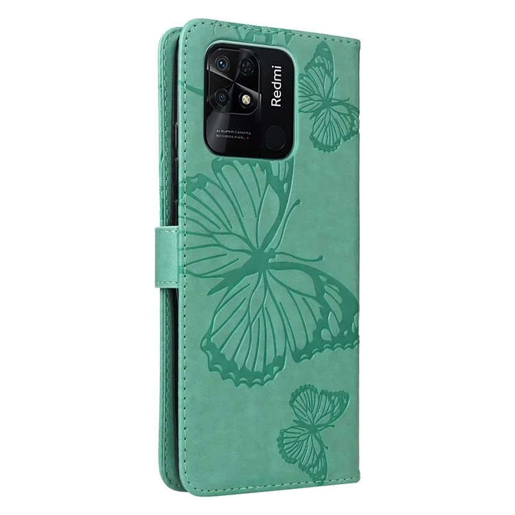 Leather Case for Xiaomi Redmi 10C 4G Butterfly Flower Imprinted Phone Cover Wallet Stand Shell with Strap - Green