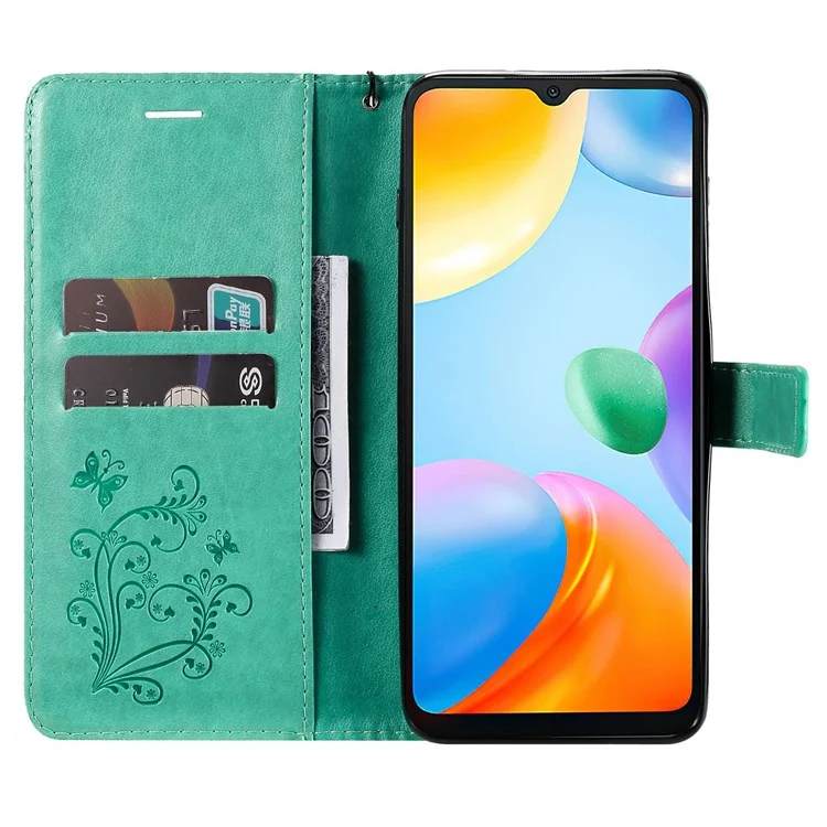 Leather Case for Xiaomi Redmi 10C 4G Butterfly Flower Imprinted Phone Cover Wallet Stand Shell with Strap - Green