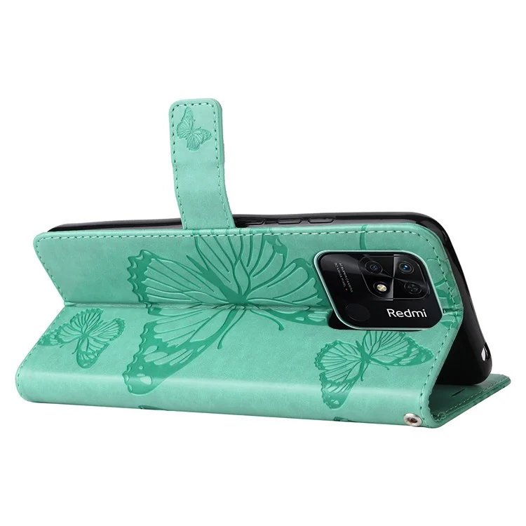 Leather Case for Xiaomi Redmi 10C 4G Butterfly Flower Imprinted Phone Cover Wallet Stand Shell with Strap - Green