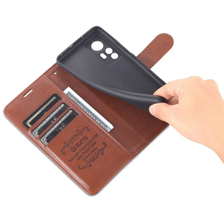AZNS Pour Xiaomi 12 Lite Texture en Cuir Texturé Portefeuille Anti-Fall TPU Inner Shell Stand Téléphone Téléphone - Brun