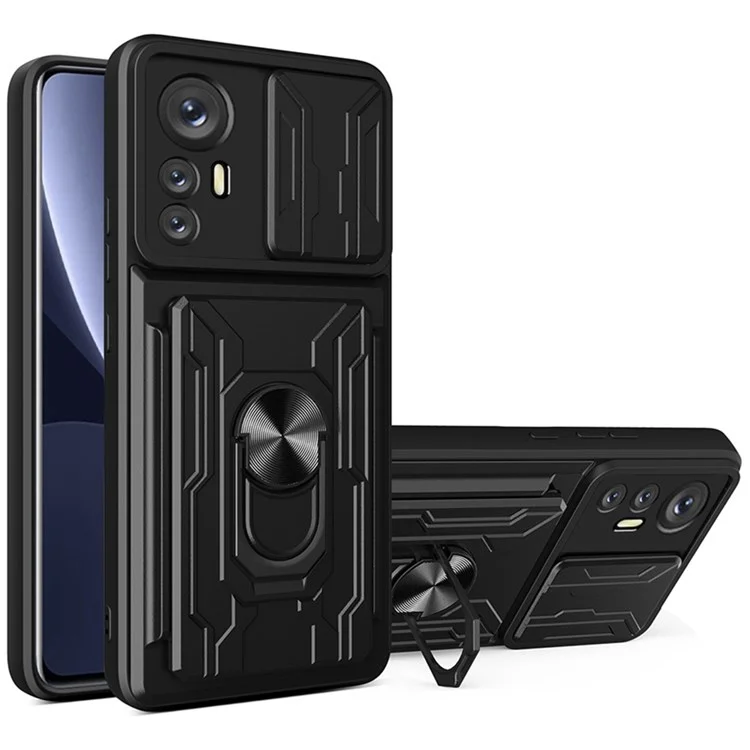 Kickstand Phone Case for Xiaomi 12 Pro 5G/12S Pro 5G/12 Pro (Dimensity) 5G, Detachable Card Holder PC + TPU Hybrid Cover with Slide Camera Protection - Black