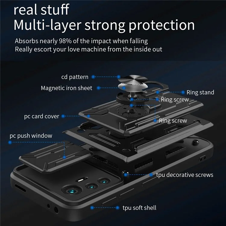 Kickstand Phone Case for Xiaomi 12 Pro 5G/12S Pro 5G/12 Pro (Dimensity) 5G, Detachable Card Holder PC + TPU Hybrid Cover with Slide Camera Protection - Black